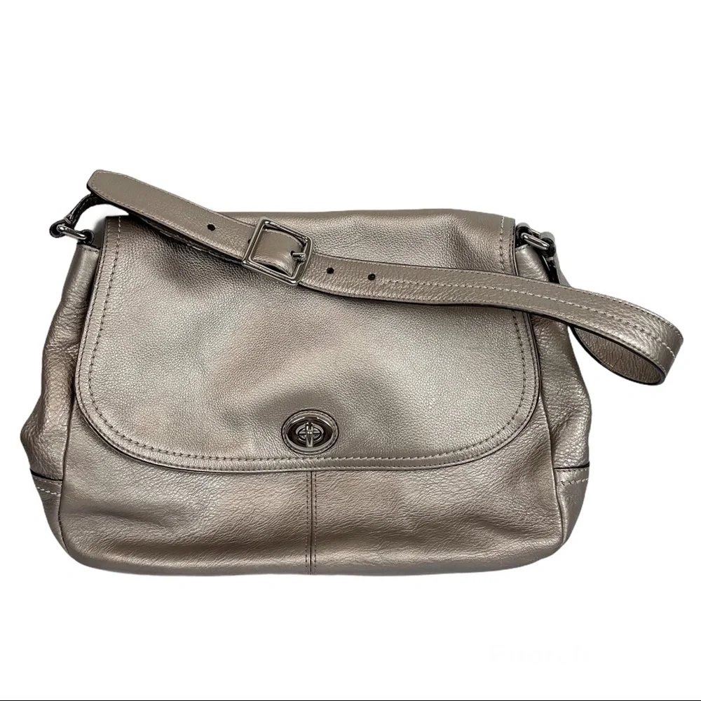 Coach Park Leather Flap Shoulder Bag Metallic Silver